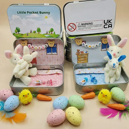 💎 50% OFF! 💎 Bunny Mummy & Baby Plush Pocket Tin – Handmade Easter Collectible with Cozy Blanket (Pink/Blue Ears) 🐇🎁